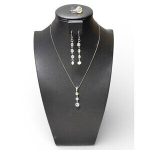 Vintage Rhinestone & Imitation Pearl Necklace Earring Ring Set Size 7 Silver Ton